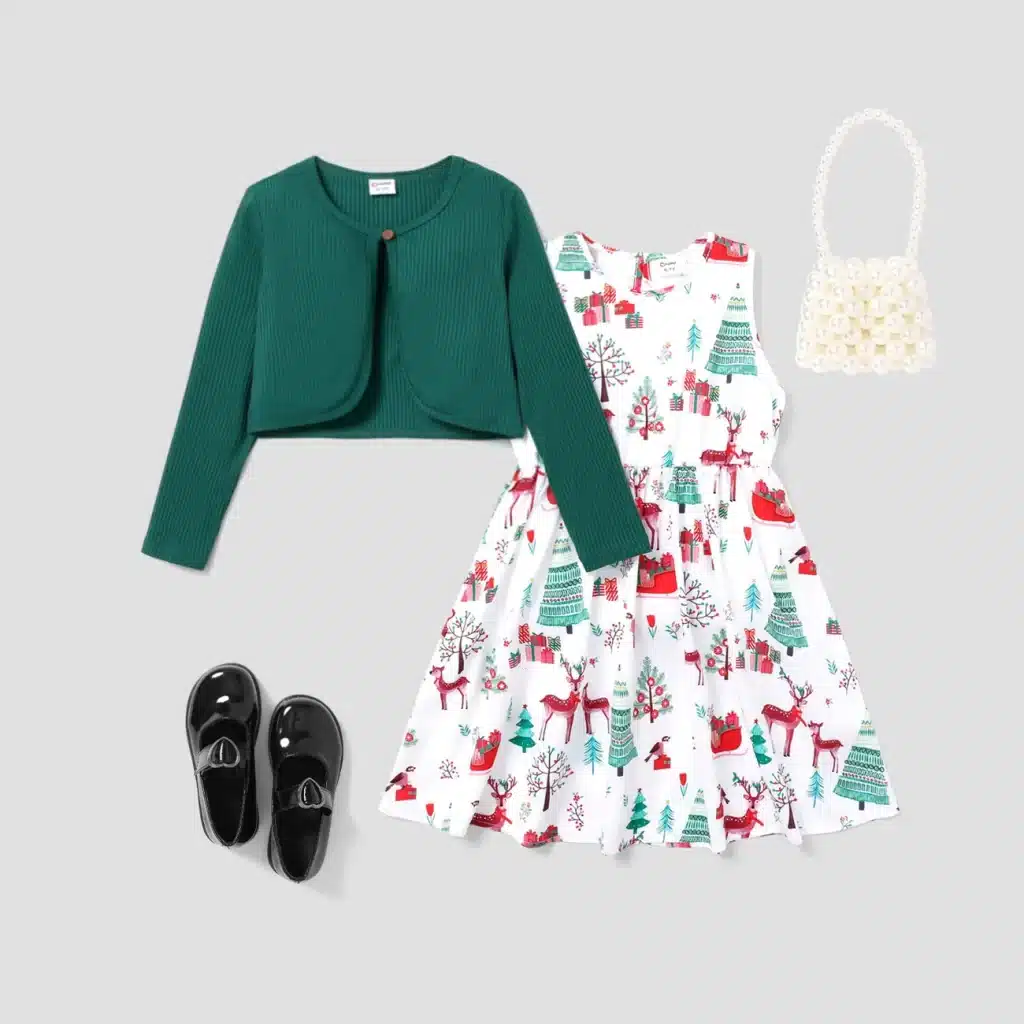 Deer Girls Christmas Dress with matching cardigan. perfect for family pictures.