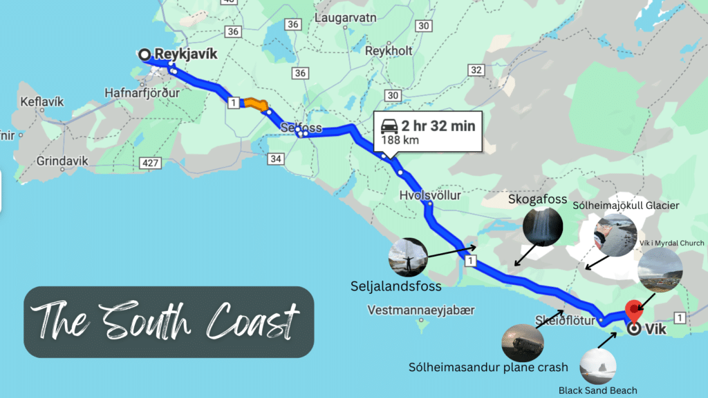 South coast Iceland tour Map from Reykjavik, thru Selfoss to Vik, along with things to do and waterfalls to see.