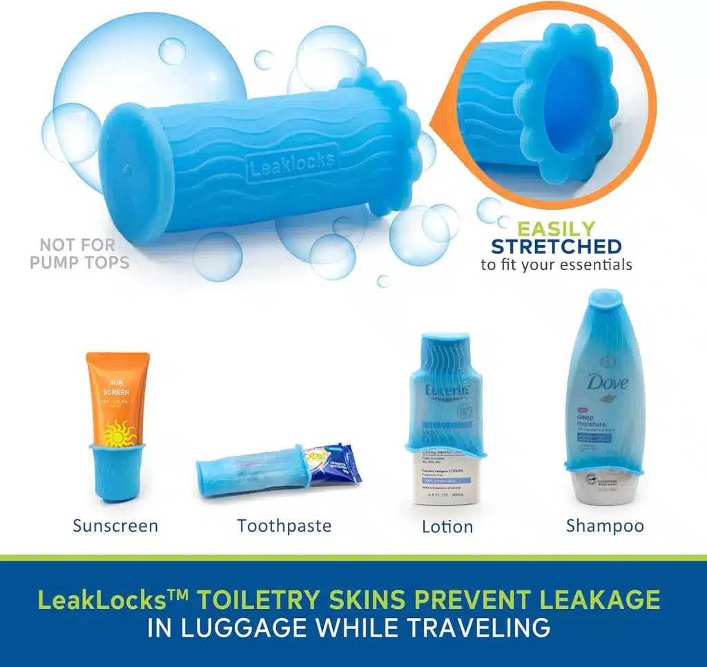 Toiletry skins are a great travel packing hack to keep your toiletries from leaking in your luggage. 