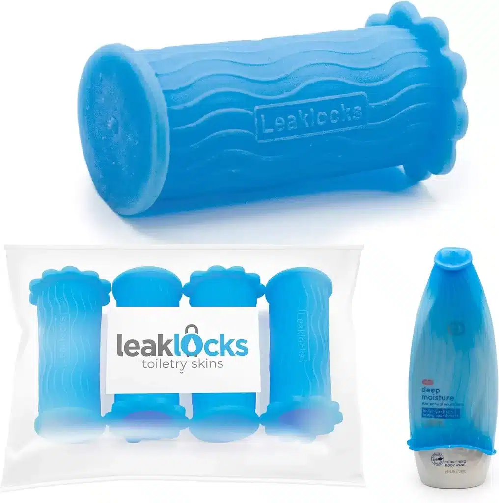 Toiletry skins are a great travel packing hack to keep your toiletries from leaking. 