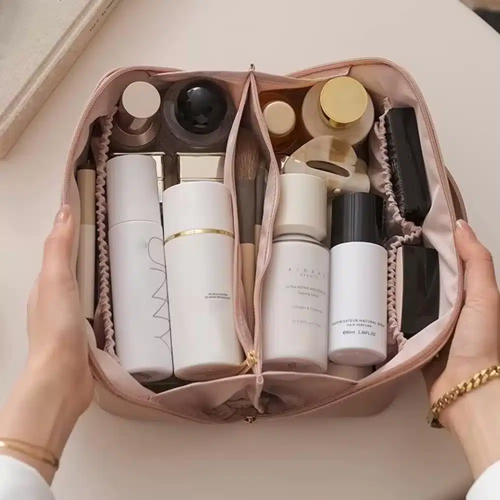 An organized cosmetic bag is a great travel essential to have for women. 