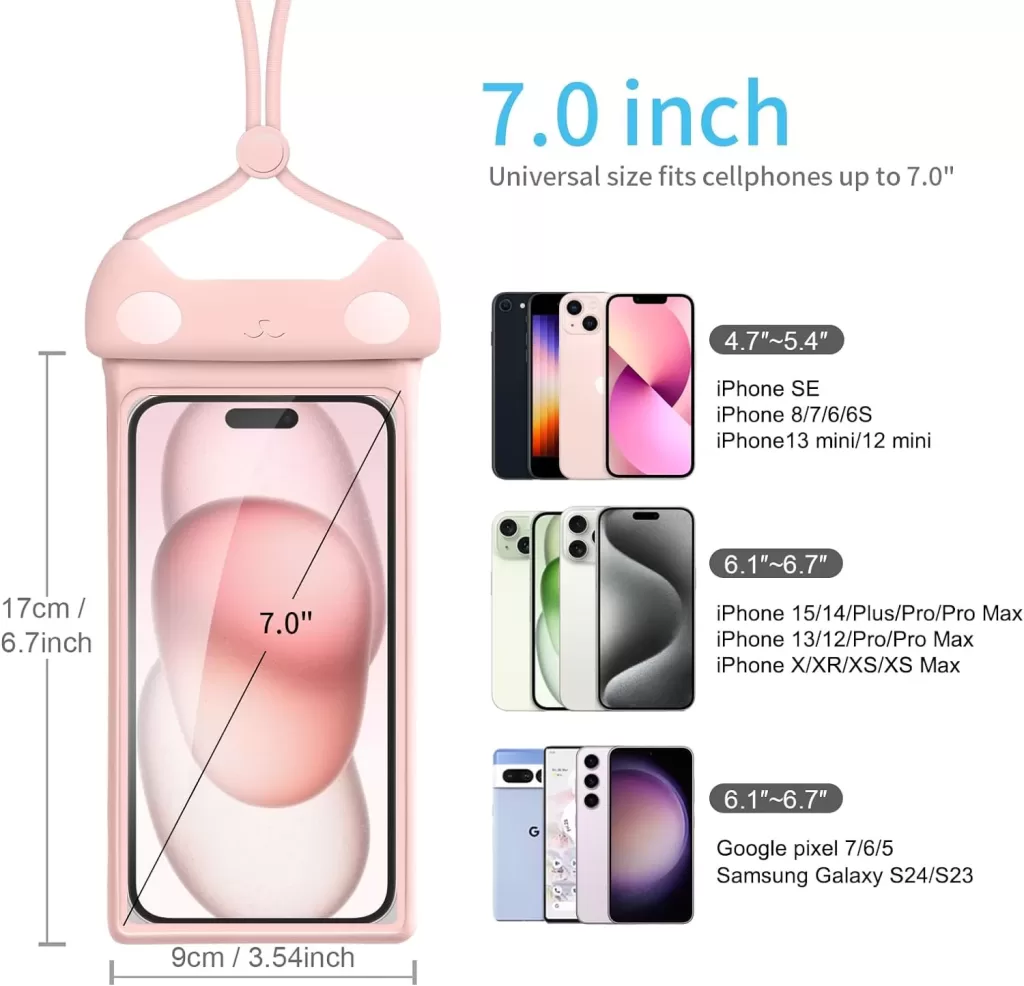 A waterproof phone ouch fits a variety of phone sizes. 