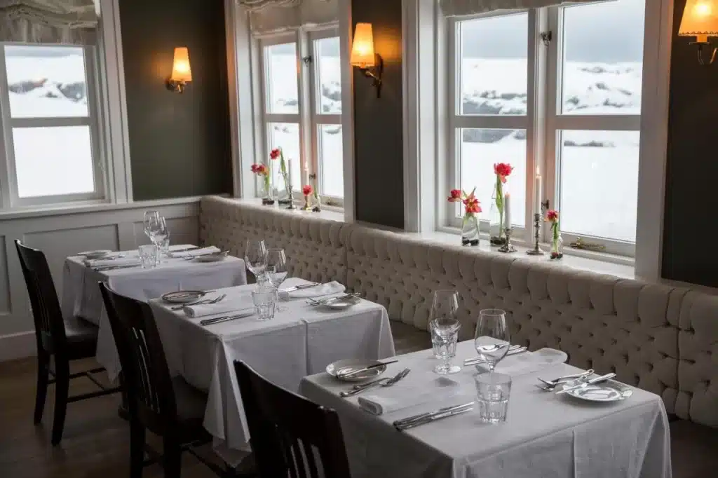 Dining at Hotel Budir on the Snaefellsnes Peninsula, a boutique hotel. 