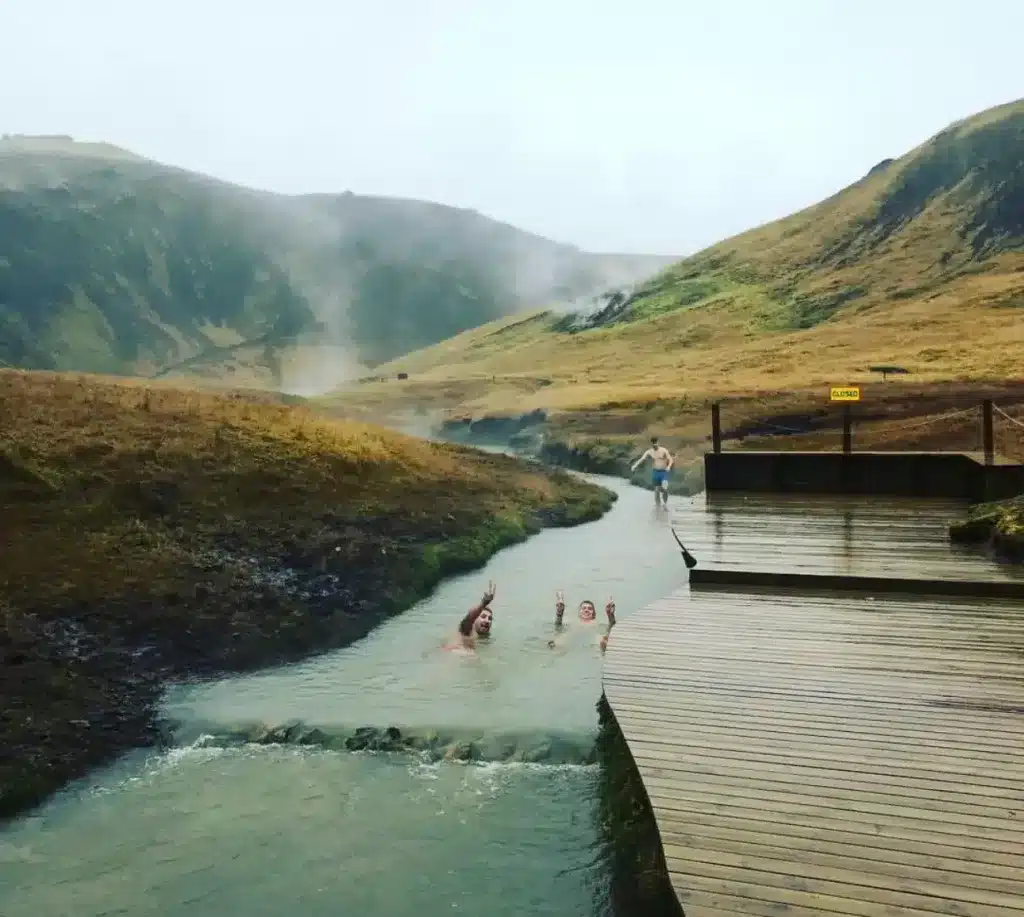 Reykjadalur Hot Springs hike near the Golden Circle in Iceland. 