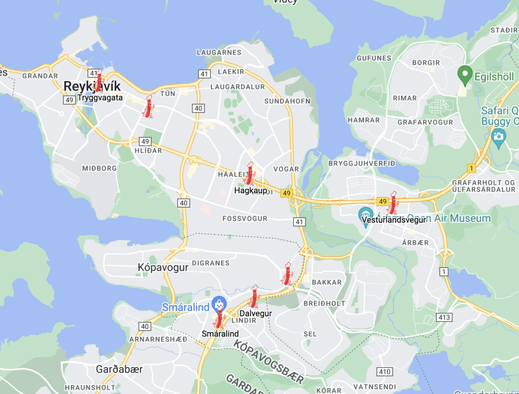 A map of hotdog stands in Reykjavik if you're looking for where to eat with kids in Iceland, these are very kid friendly restaurants.