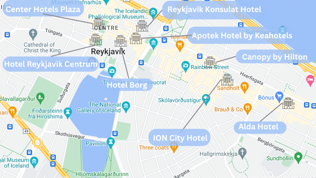 A map showing Reykjavik's city center hotels and location to attractions.