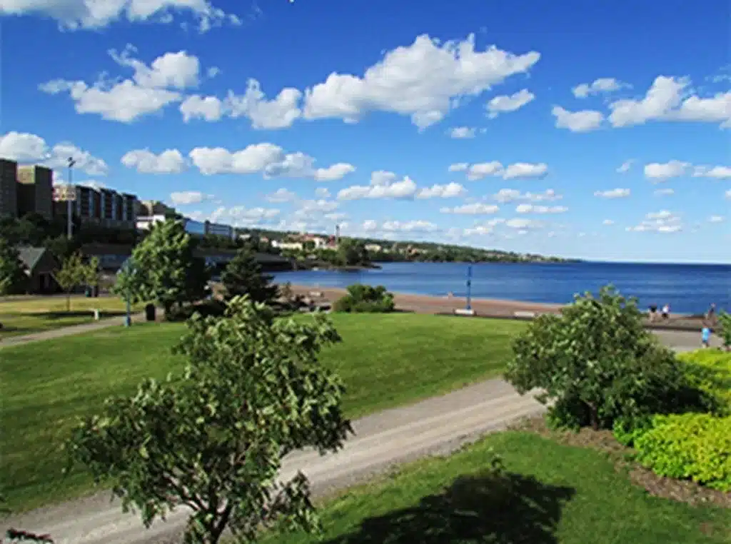 The waterfront at Canal Park Lodge, one of Duluth, MN best waterfront hotels for the family.