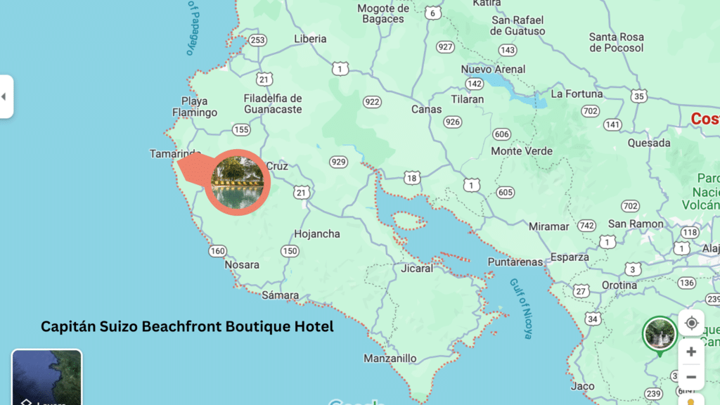 A map showing where Capitan Suizo, one of the best beach boutique hotels, is located in the Guanacaste region of Costa Rica.