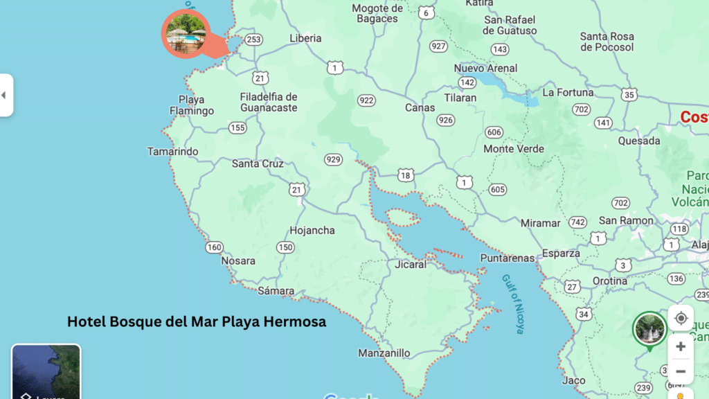 A map showing where Hotel Bosque, one of the best beach boutique hotels, is located in the Guanacaste region of Costa Rica.