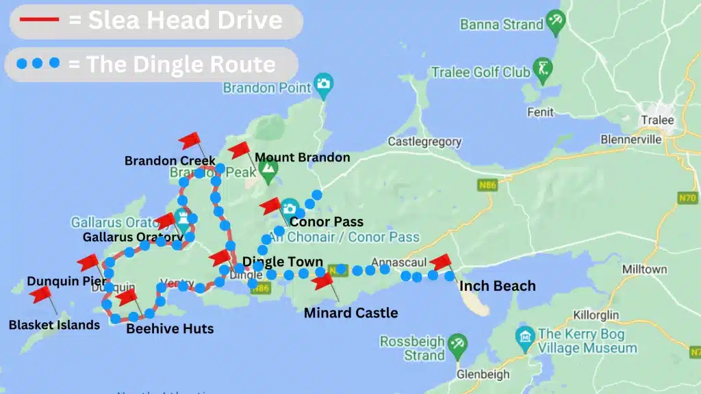 A detailed map of attractions on the Dingle Peninsula. These sights are popular along the Dingle Peninsula driving route. 